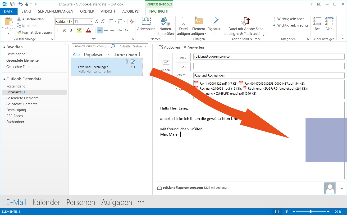 agorum® core Smart Assistant: E-Mail aus Outlook auf die Dropfläche ziehen